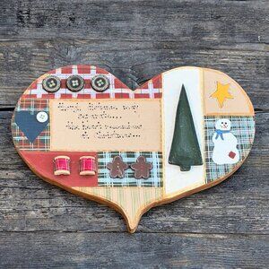 Vintage Wooden Wall Hanging Christmas Heart Primitive Folk Art Decor Gingerbread